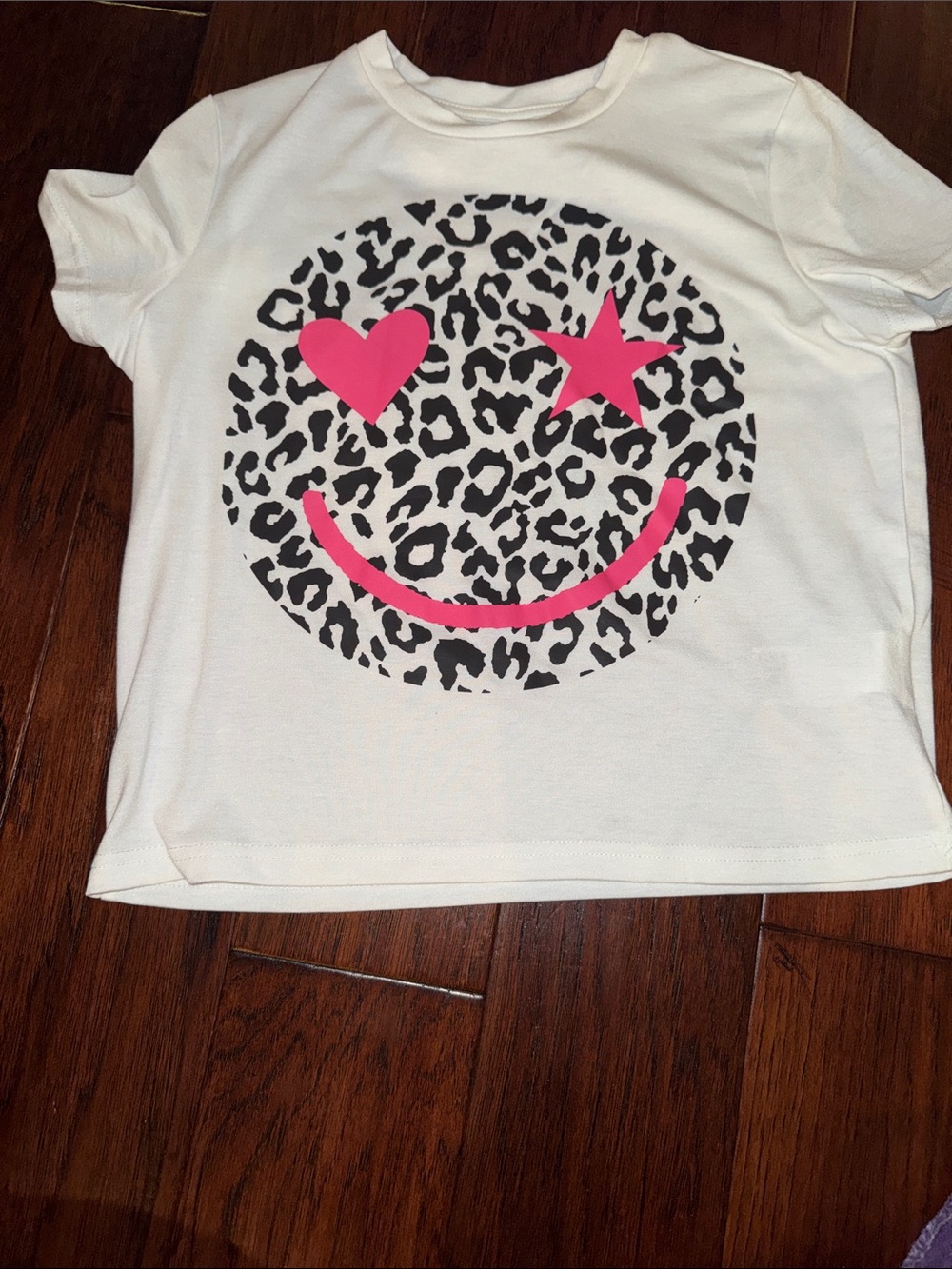 SHEIN White Tee with Black Leopard Smiley and Hot Pink Accents